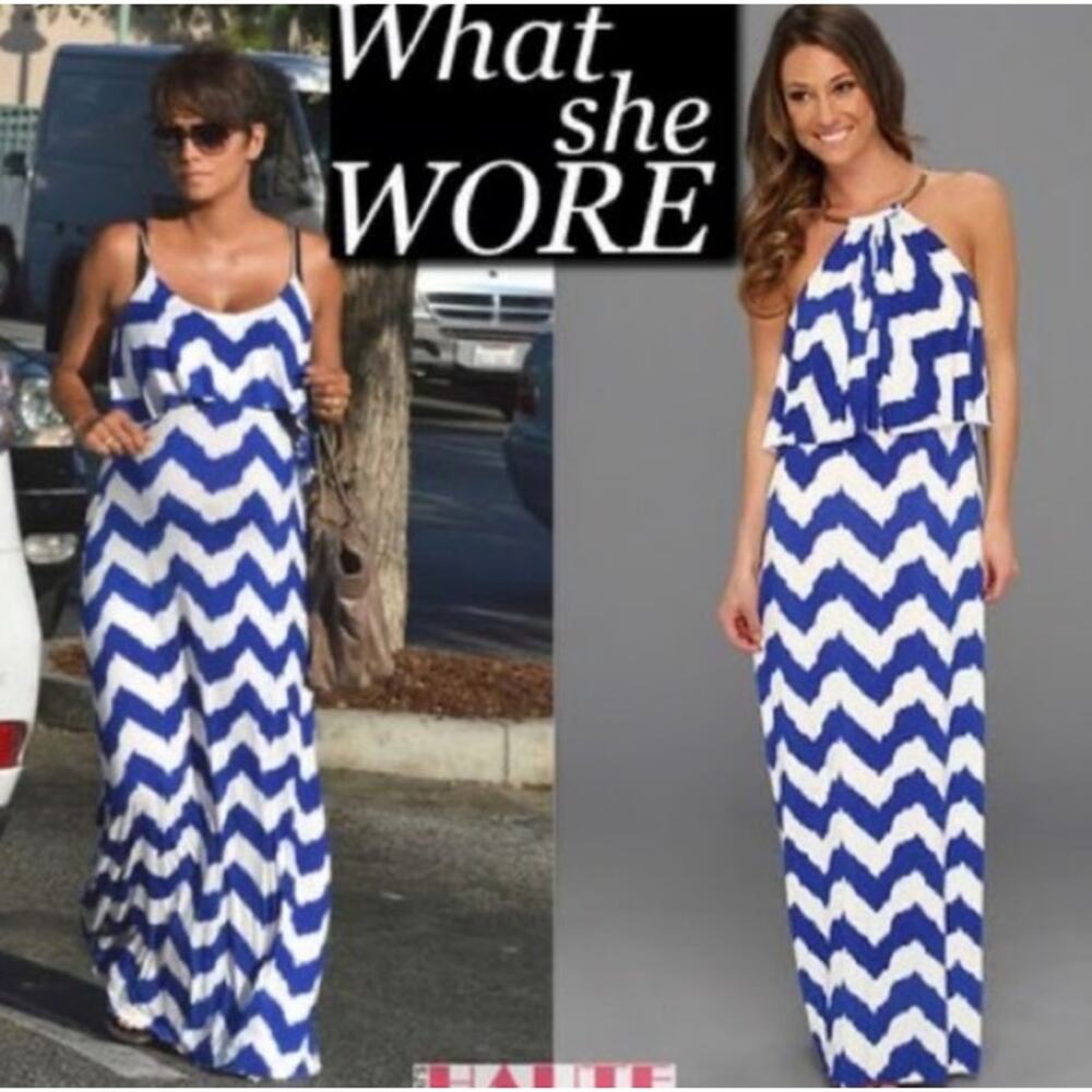 T-Bags Los Angeles Blue and White Chevron Print Jersey Maxi Dress sz XS - Picture 10 of 16
